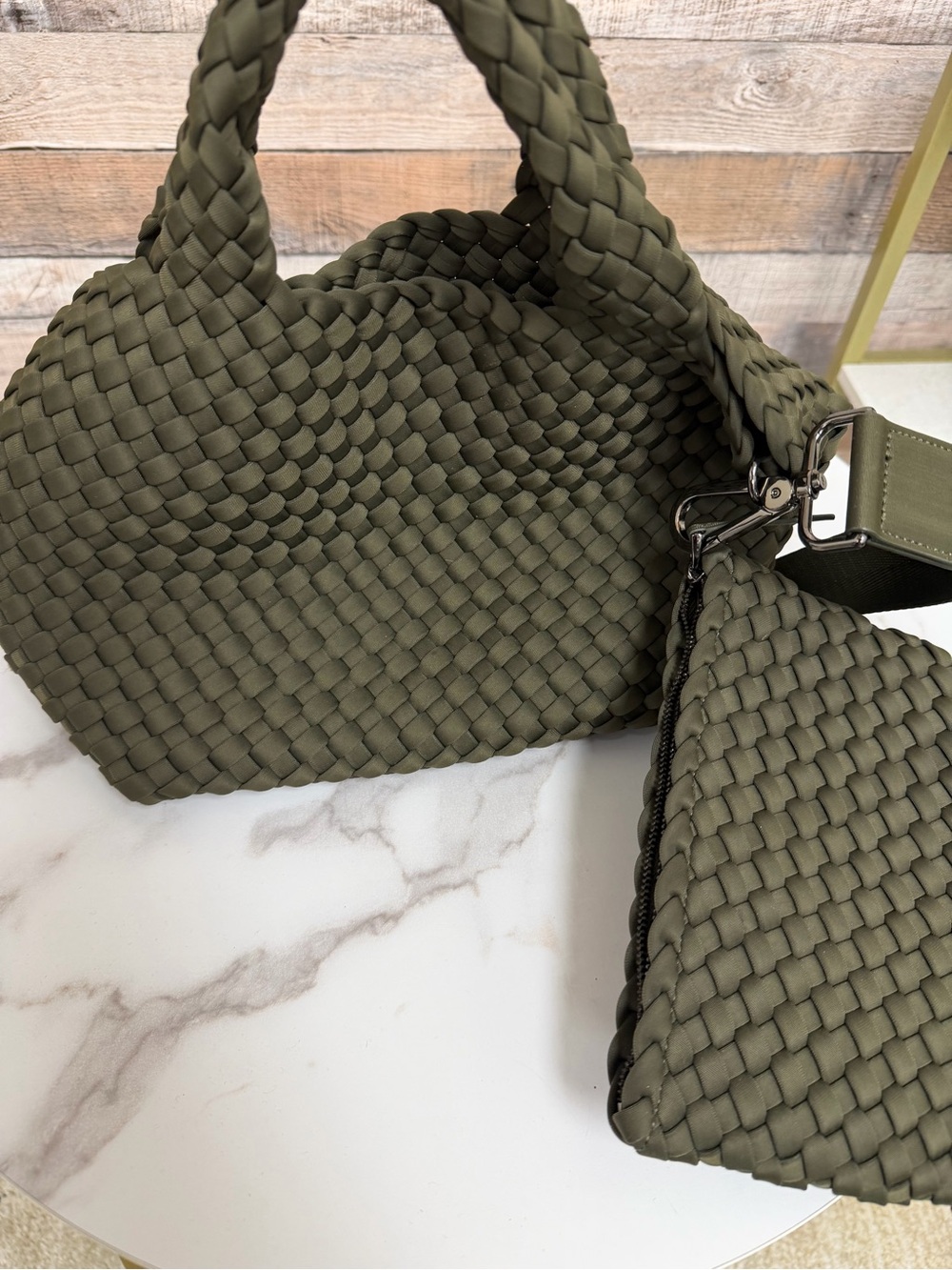 Naghedi Olive Neoprene Woven Tote with Matching Wallet
